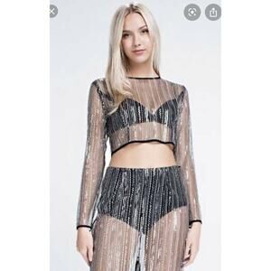Honey Punch Women's Sheer Sequin Long Sleeve Crop Top Sz Small Black Silver NWT